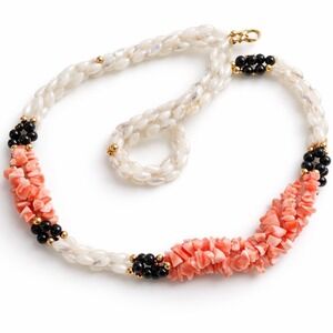 Vintage Coral Mother of Pearl Onyx Beaded Twisted Statement Necklace Gold Tone